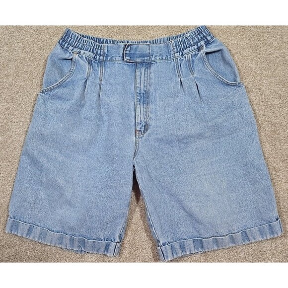 St. John's Bay Vtg Denim Shorts Cotton High Rise Elastic Waist Long Pleated Sz L - Picture 1 of 13